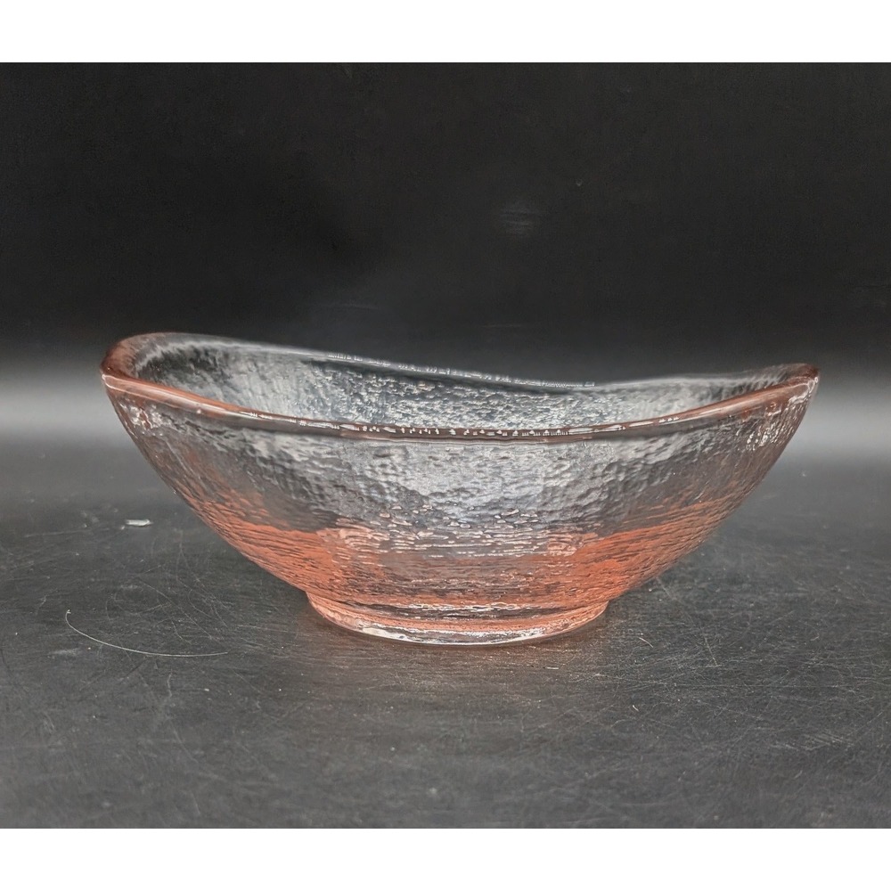 Signed Hand Blown Art Glass Textured Pink Clear Bowl Signed Centerpiece 7.5"